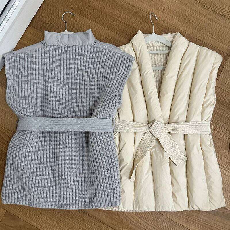 Schinteon Women 90% White Duck Down Knitting Wool Vest Autumn Winter Warm Sleeveless Jacket Korean Style Luxurious Top 2024 New MDNG