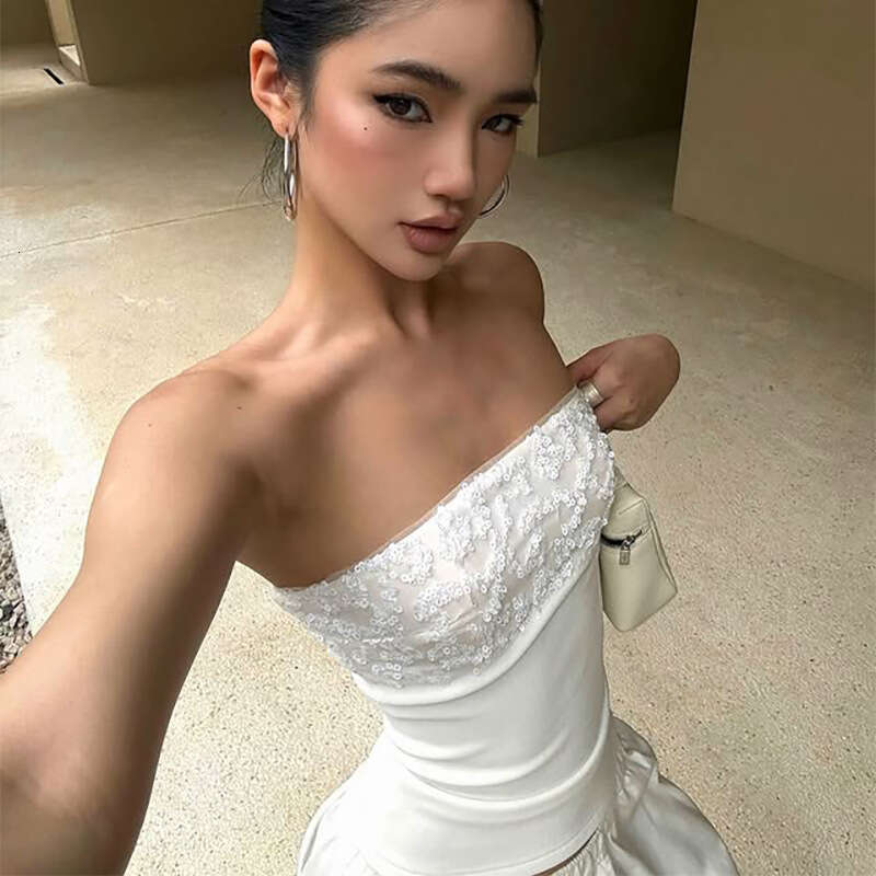 New Style Patchwork Sequin Strapless White Sleeveless Slim Fit Design One-Shoulder Sexy Summer Women B5