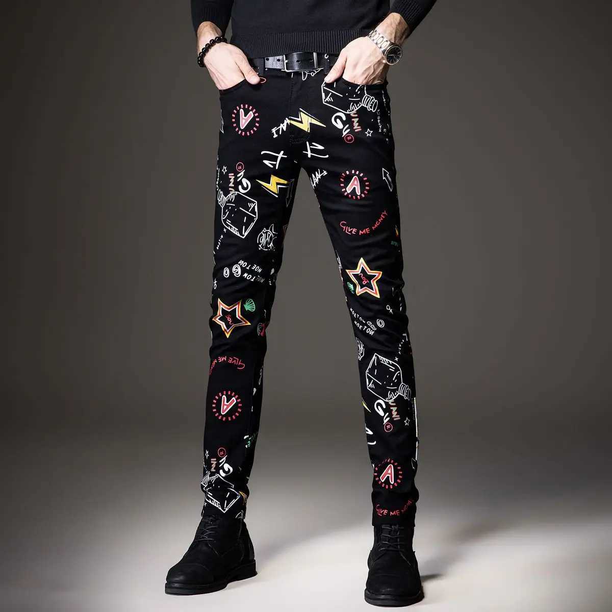 Luxury Mens Denim Pants Hip Hop Graffiti Print Jeans Designer Slim Fit Trendy Black Jeans Stretch Cowboy Cotton Trousers for Men X250718