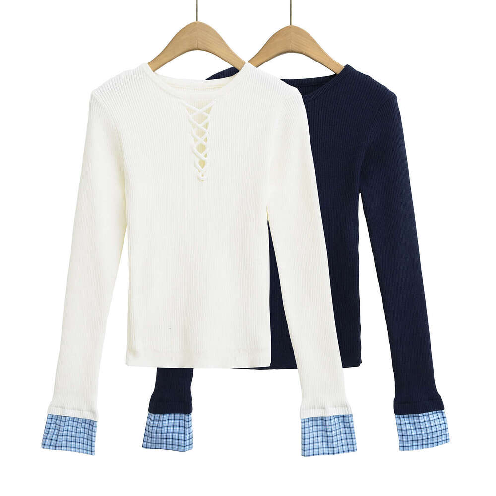 Spicy Girl Hollow Out Color-Block Plaid Patchwork Long Sleeve Knitted Spring Design Sense Pure Desire Slimming Inner Wear Top B5