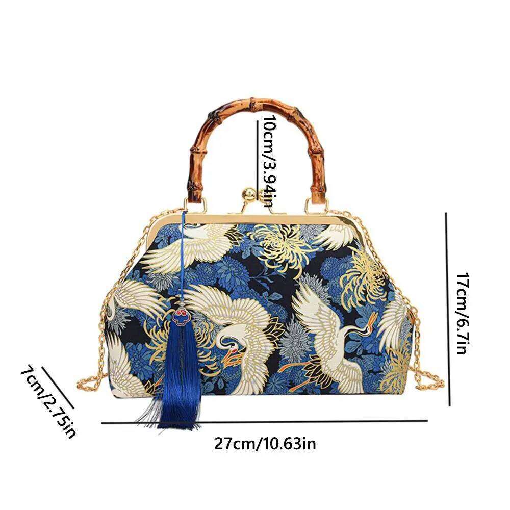 Rattan Handle Evening Clutch Red Crowned Crane Print Tassel Chain Shoulder Bags Crossbody Bag For Women Bride Wedding