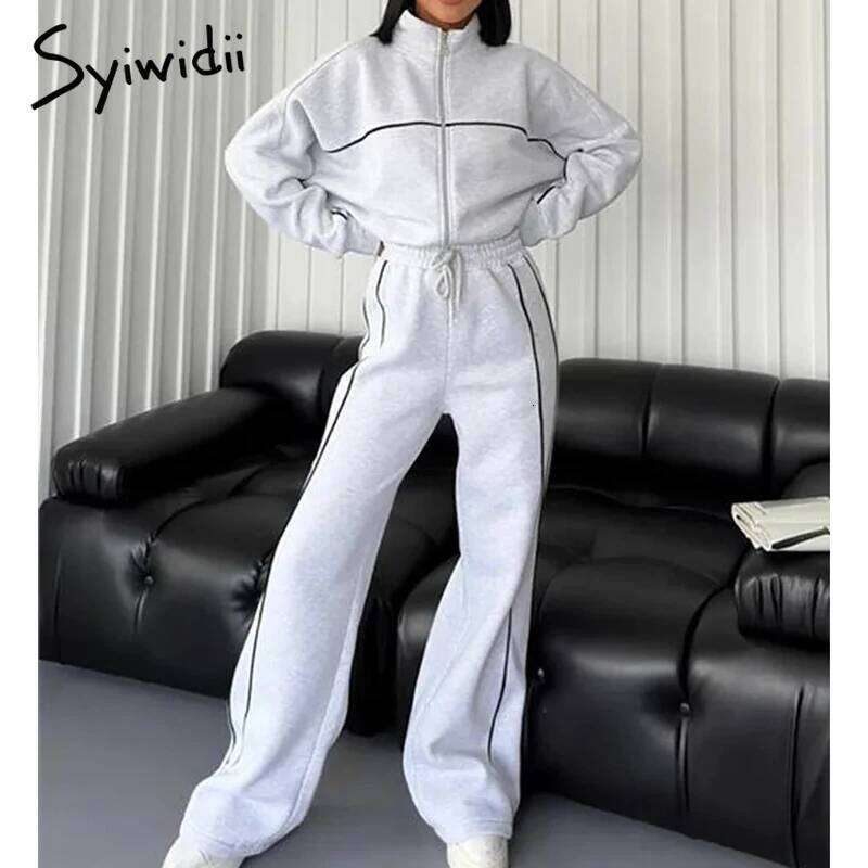 Syiwidii Women 2 Pieces Set Casual Sports Suits Long Sleeved Stand Collar Coat Drawstring Trousers 2025 New Elegant Lady Clothes MDNG
