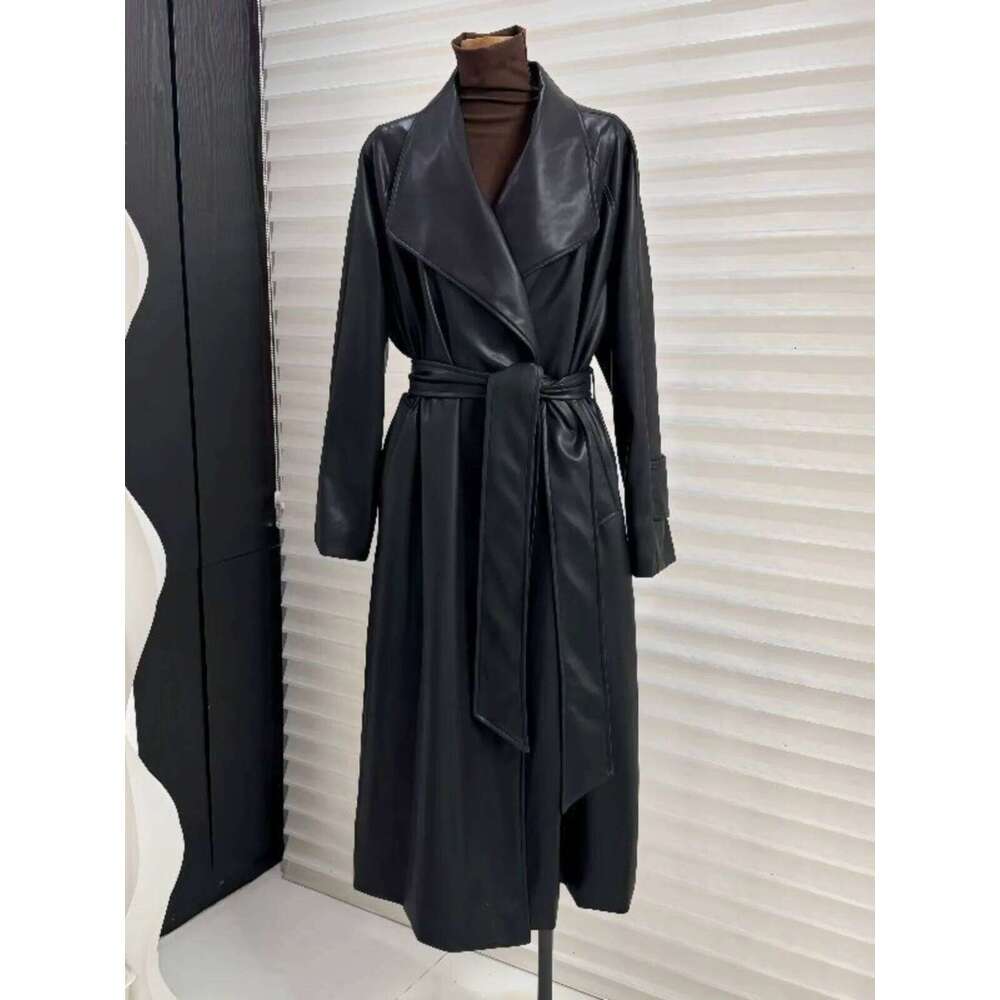 Autumn New French Style High End Suit Collar Over Knee Leather Trench Women Clothing Waist Lace Up Long Coat Winter Clothes