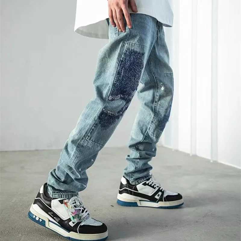 2023 Y2K Streetwear Patch Embroidery Ripped Stacked Jeans Pants Men Clothing Straight Old Hip Hop Denim Trousers Mens Pants X2507181