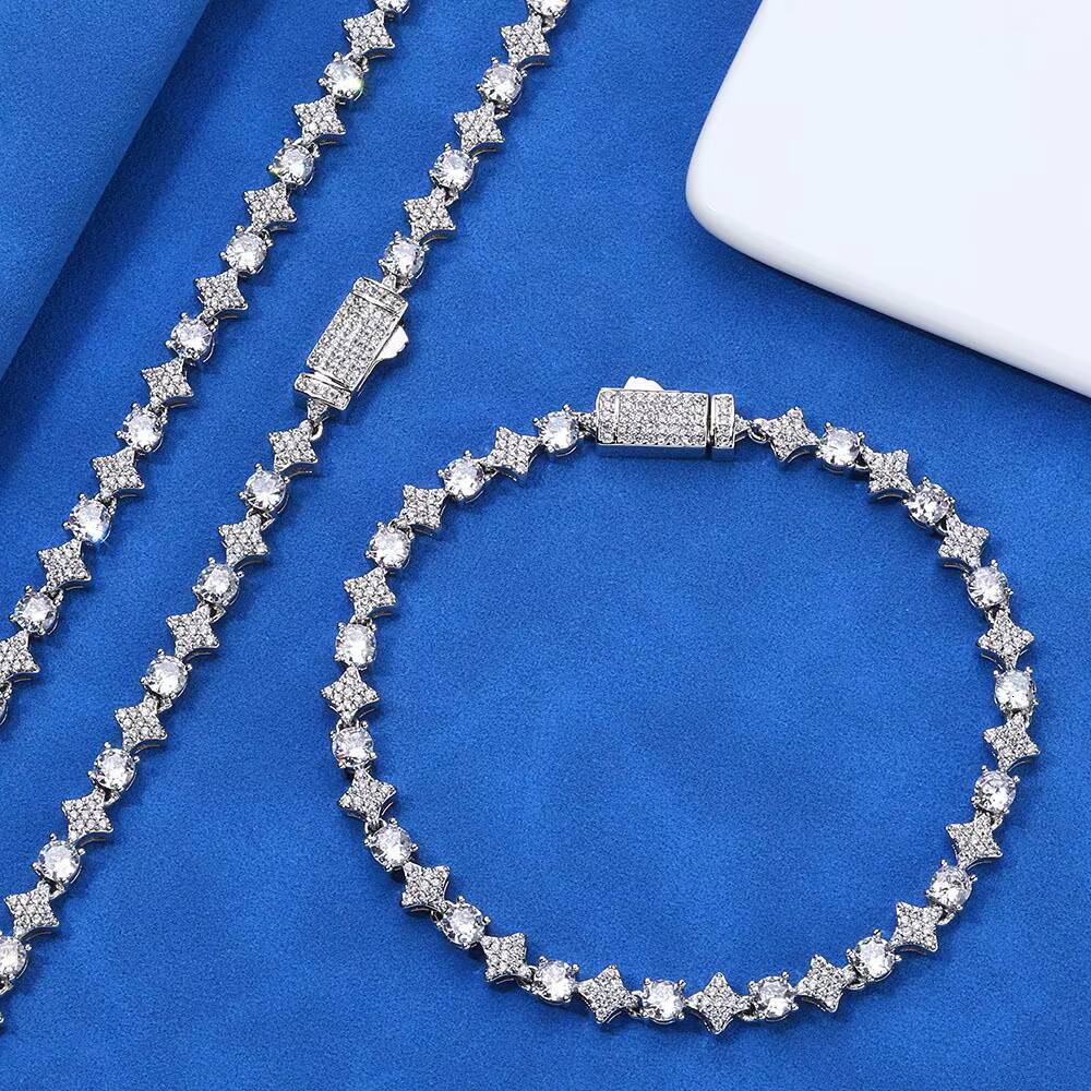 European and American Custom Jewelry S925 Silver Moissanite Cross Star Tennis Chain Hip Hop Mens Bracelet