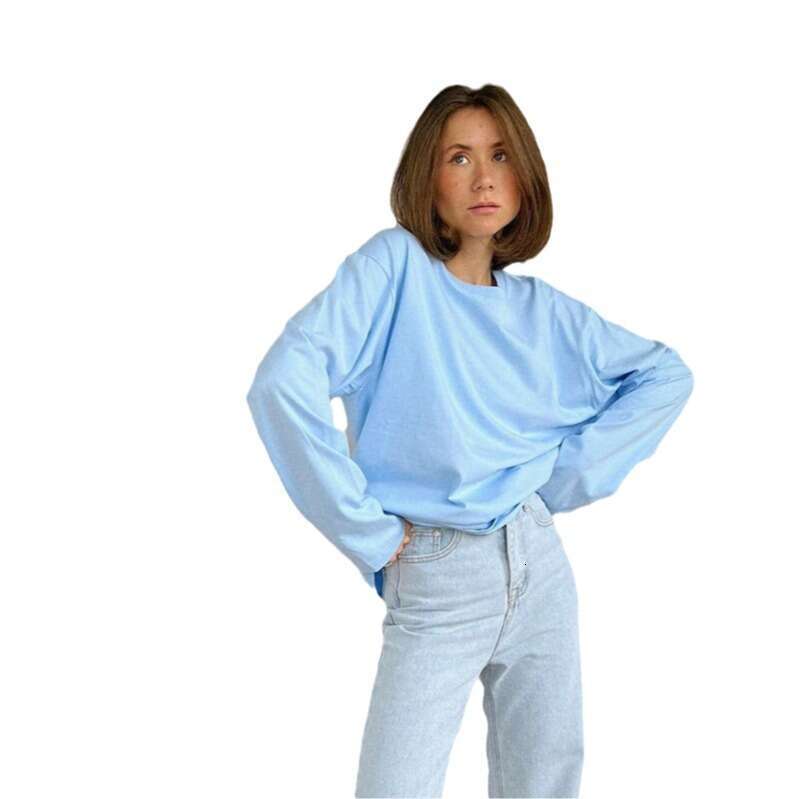 Spring And Autumn New Solid Color Long Sleeve T-Shirt Women's Loose Basic Casual Cotton Top 3317B B5