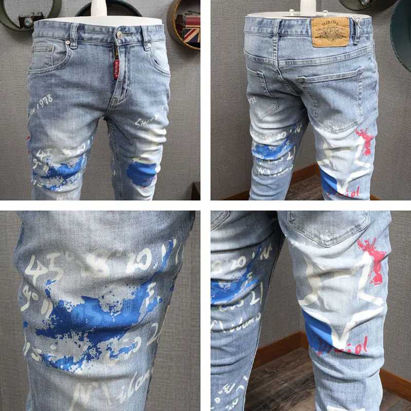 Designer Fashion New Mens Jeans Letter Printed Washed Nostalgic Stretch Slim Fit Retro Light Blue Jeans Hip Hop Brand High Quality X250718