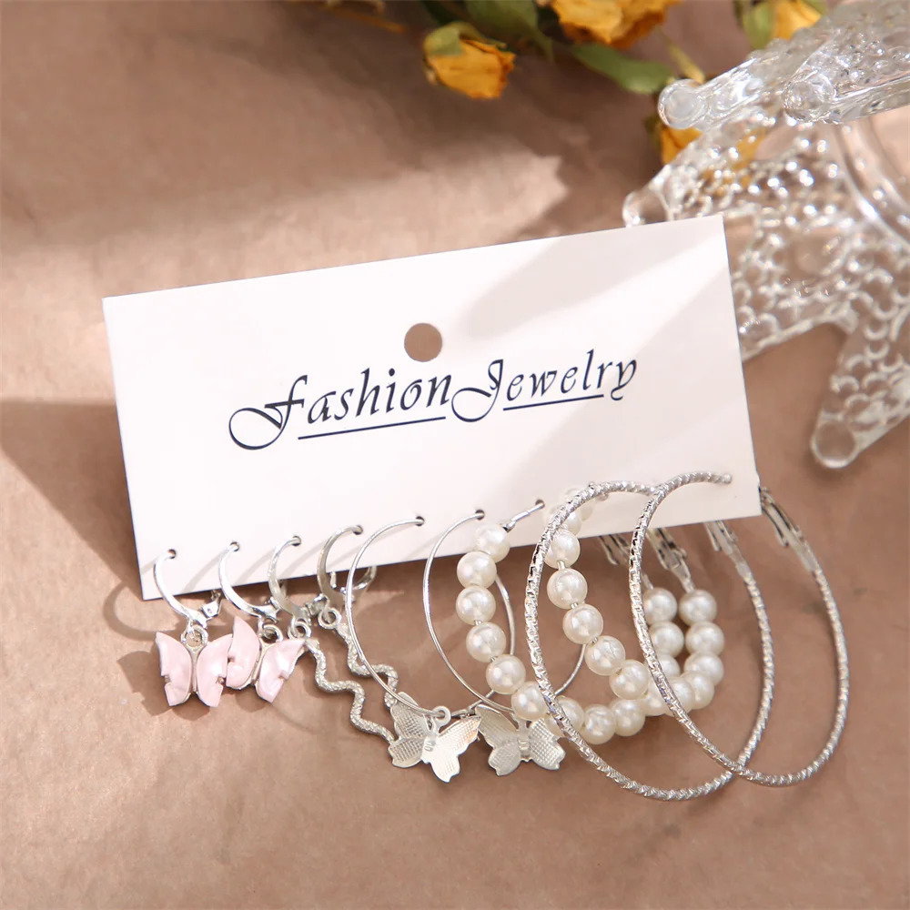 Fashion Big Silver Color Round Circle Pearl Hoop Earrings for Women Girls Snake Butterfly Dangle Earring Set Female Y2K Jewelry 250717