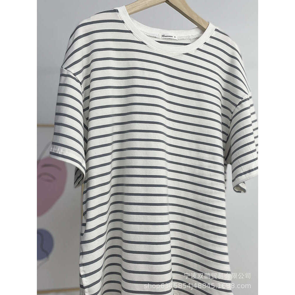 Spring Summer Casual Loose Striped T-Shirt For Women Cotton Round Neck Long Sleeve Pullover Top B5
