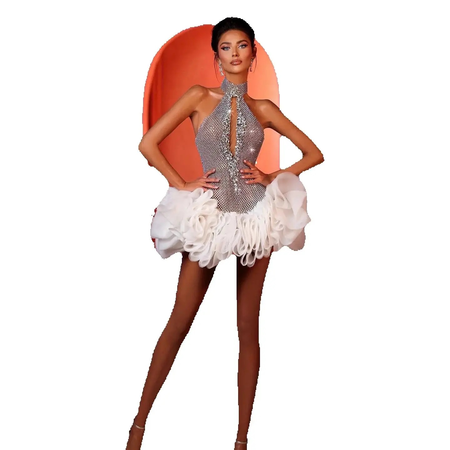 Puffy A Line Prom Dresses Fashion High Neck Sleeveless Mini Evening Dress Crystal Above Knee Length Party Gown Customized