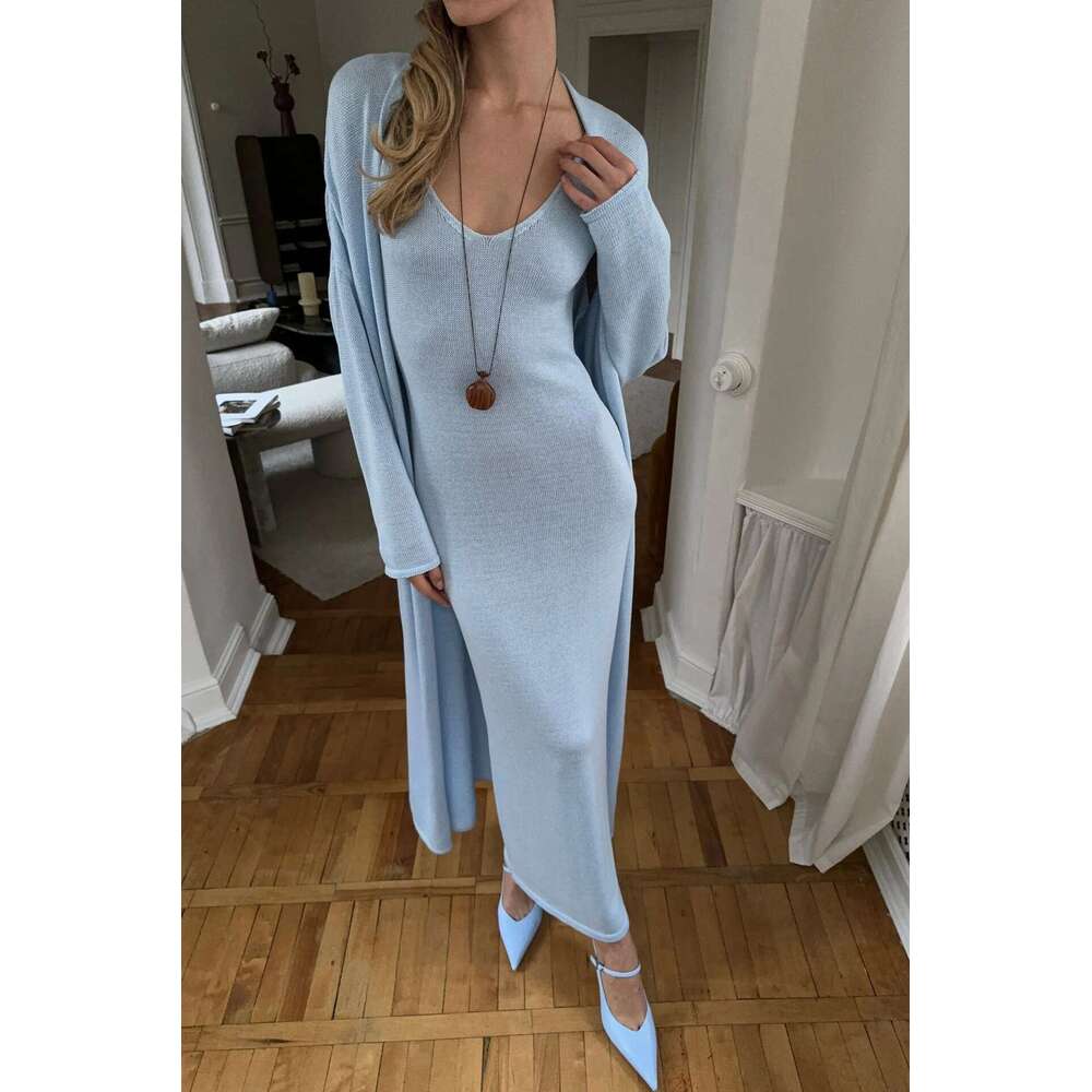 Hollow Out Vest Dress + Long Sleeve Cardigan Set For Women Soft Knitted Cover-Up B5