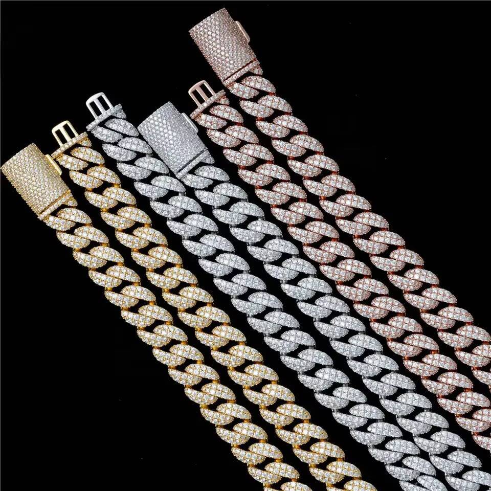 Fine Jewelry Hip Hop Necklace S925 Sterling Silver Gold Plated 12mm 2 Row D Color Vvs1 Moissanite Diamond Cuban Link Chain