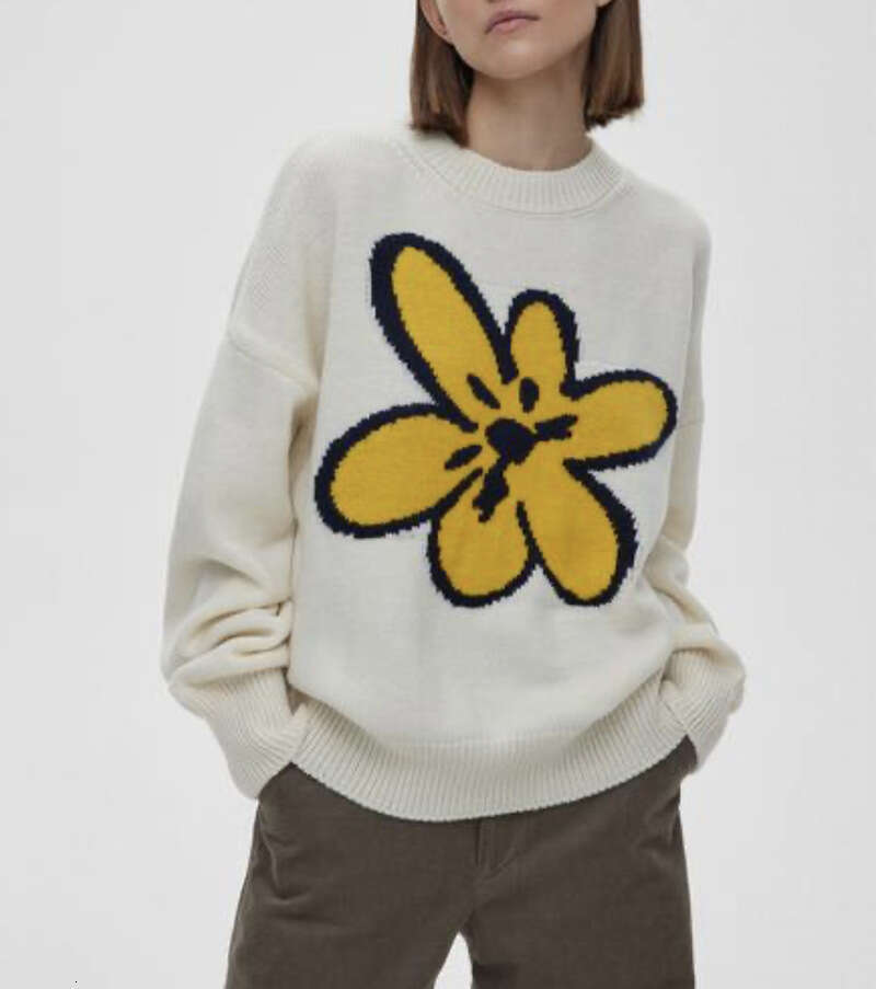 Autumn Winter Ins Floral Sweater Lazy Style Elegant Loose Knitted Top Women Versatile B5