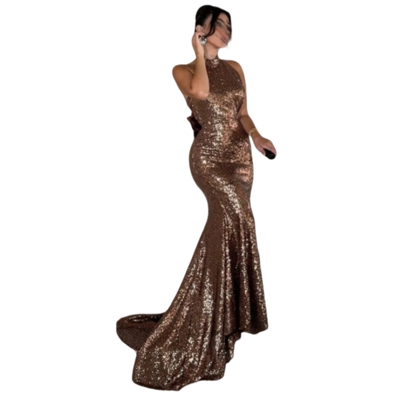 Glitter Sequined Mermaid Prom Dresses Halter Backless Bow Back Long Chocolate Evening Gown Women Special Occasion Dress Custom Made