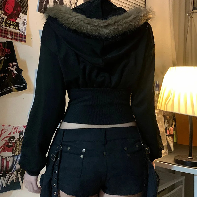 Goth Dark Autumn Winter Faux Fur Collar Solid Hooded Coats Women Casual Slim Waist Zip Hoodies Gothic Jackets Chic Streetwear 250717