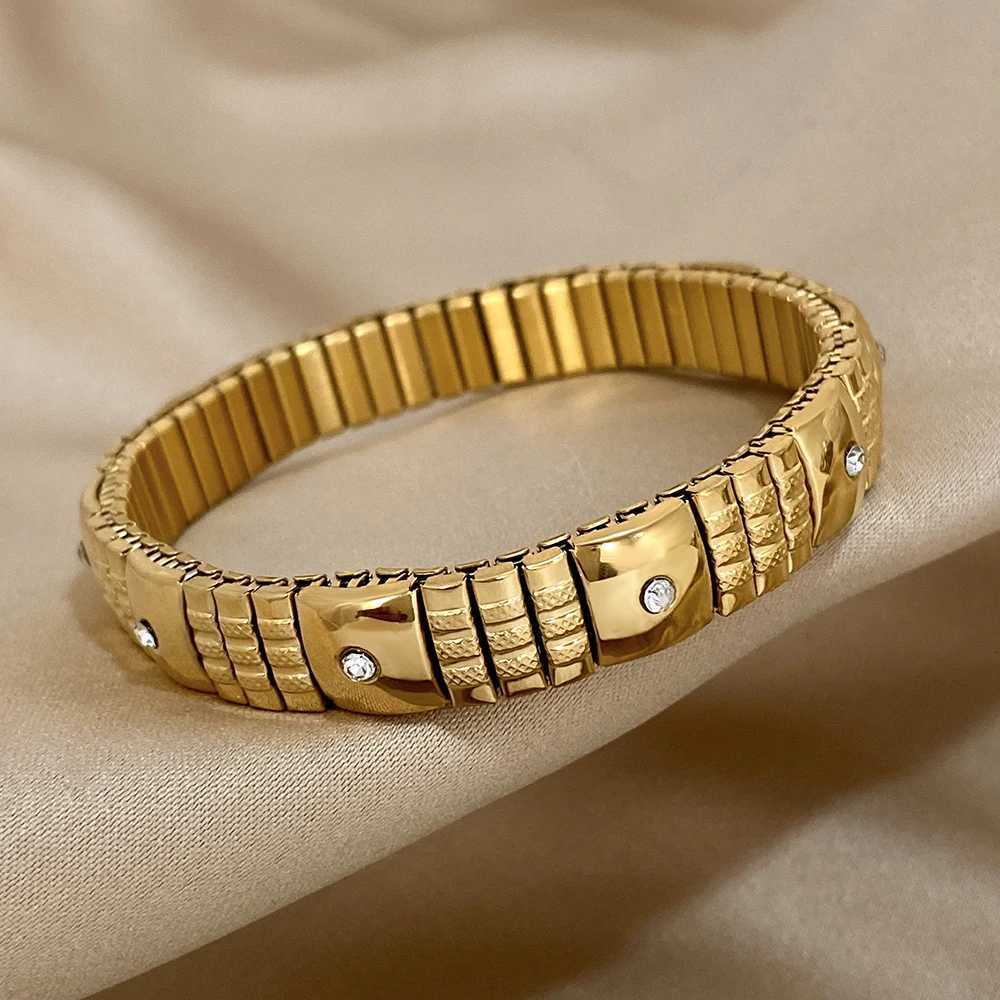 ALL New Gold Plated Stainless Steel Elastic Bangle Bracelet for Women Vintage Inlaid Rhinestone Adjustable Watchband Jewelry X250718