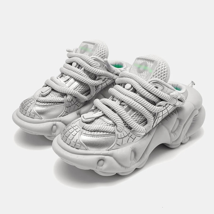 Super Soft Thick Sole WomenMen Sport Shoes Lace Up Breathable Mesh Sneaker Casual Slippers BlackSilver Platform Shoes 250717