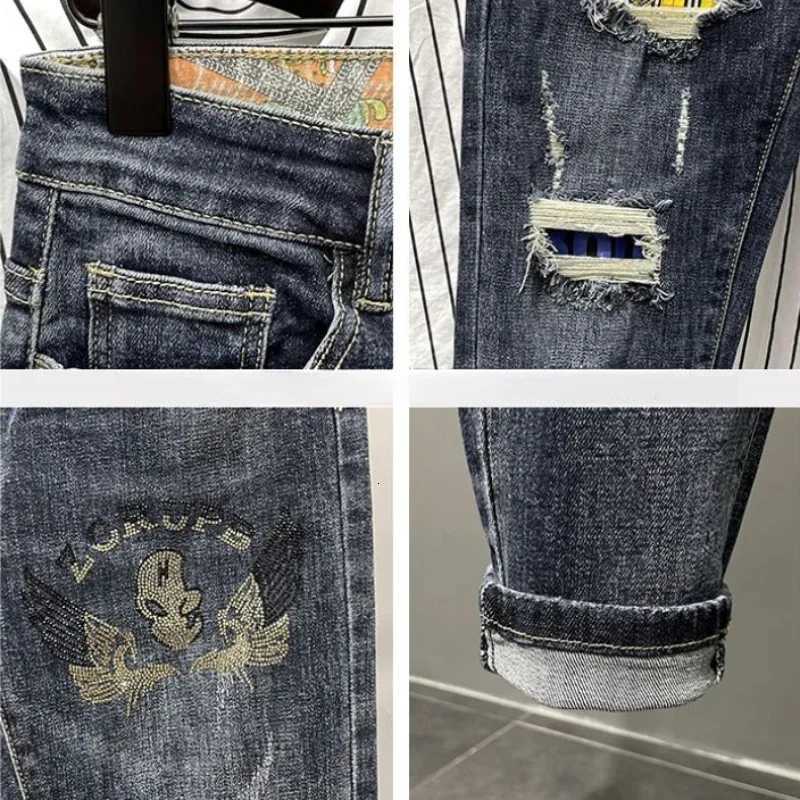 Tapered Jeans for Men Ripped Black Trousers with Holes Torn Man Cowboy Pants Broken Classic Clothes Y2k 2000s High Quality Kpop X250718