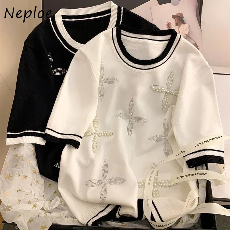 Ice Silk O-neck Beaded T-shirts Fashion Sweet Knitted Short Sleeve Tee Shirt Summer Loose Black Tops Women 250718