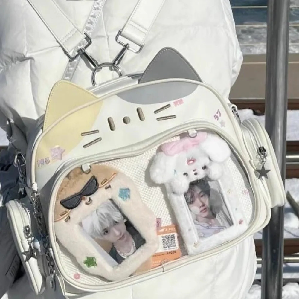Y2K Korean Kawaii Cat Lolita Bag Cute PU Shoulder Bag Girls Transparent Pocket Harajuku Crossbody Bag Womens Fashion Backpacks 250714