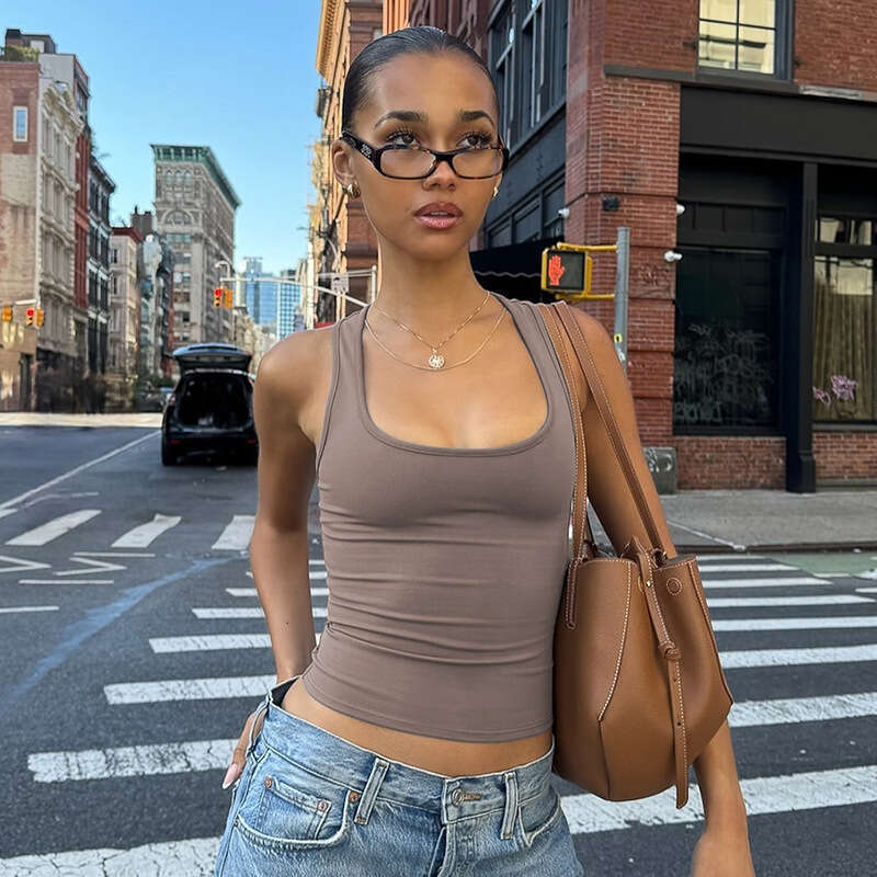 Women's Summer Outer Wear Ribbed High Elastic Racerback Square Round Neck Vest Fitness Yoga Top B5 g7