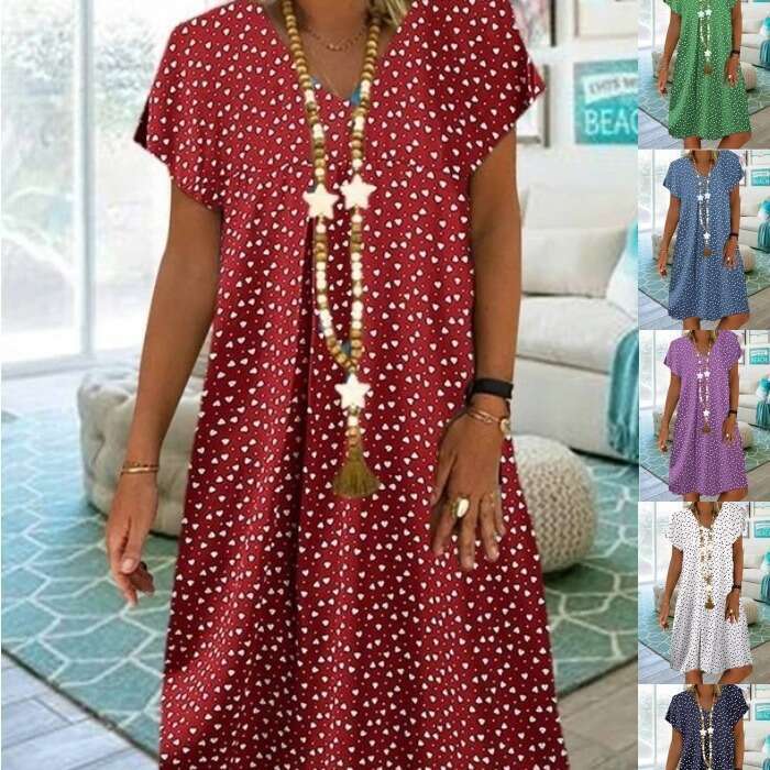 Summer New Casual Short Sleeve V-Neck Top Polka Dot Heart Print Dress For Women B5