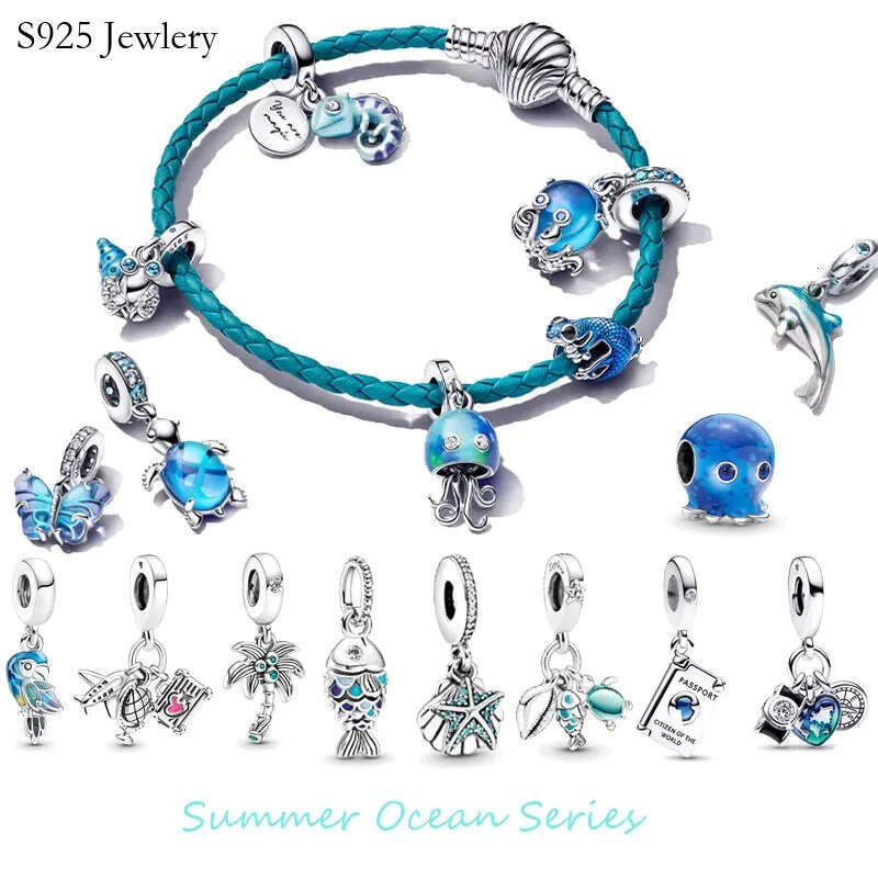 S925 Silver Charm Fish, Sea Turtle Conch Triple Dangle Charm Jellyfish Bead Fit Original Bracelet Women Jewelry DIY