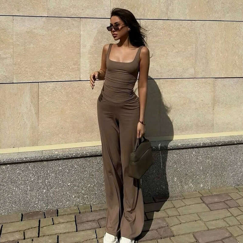 Women's Summer New Solid Color Casual Square Neck Vest + Wide Leg Pants Sports Two-Piece Set B5