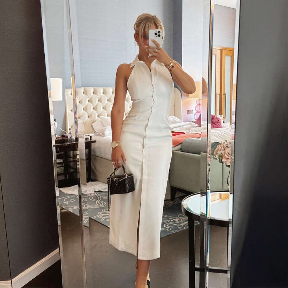 Fashion Simple Slit Long Summer New Turn-Down Collar Sleeveless Dress For Women B5