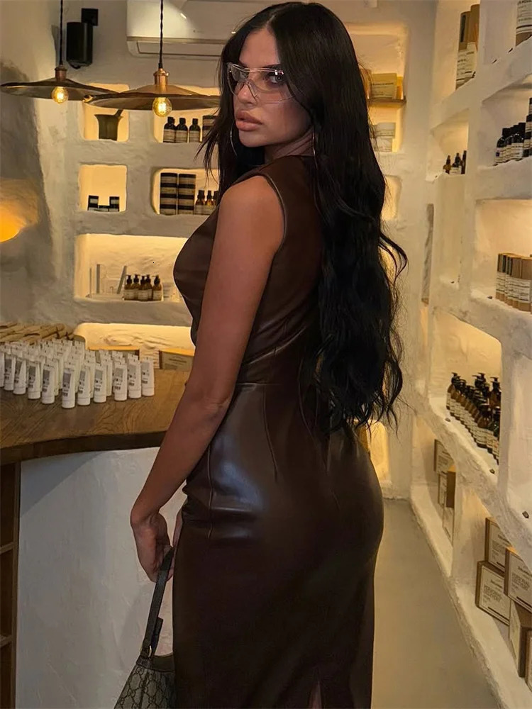 Tossy PU Sexy Fashion Maxi Dress For Women High Waist Sleeveless Slim Patchwork Solid Skinny Streetwear Female Bodycon Dress 250715