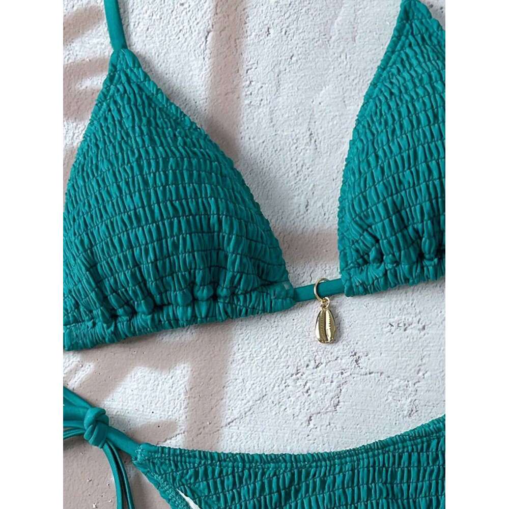 Sexy Green Bikini Women Shell Ornament Pleate Push Up Micro Swimwear 2025 Brazilian Pool Bathing Suit Tie Side Triangle Swimsuit