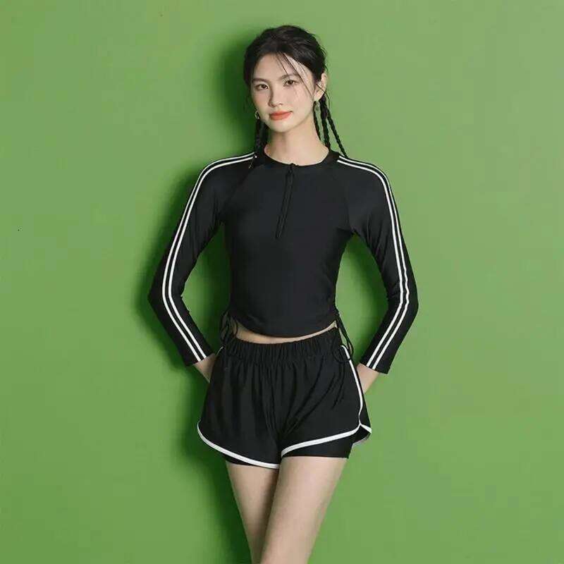Women Front Zippered Rashguard Two Piece Swimsuit Long Sleeve Surfing Swimwears Athlete Training Bathing Suit