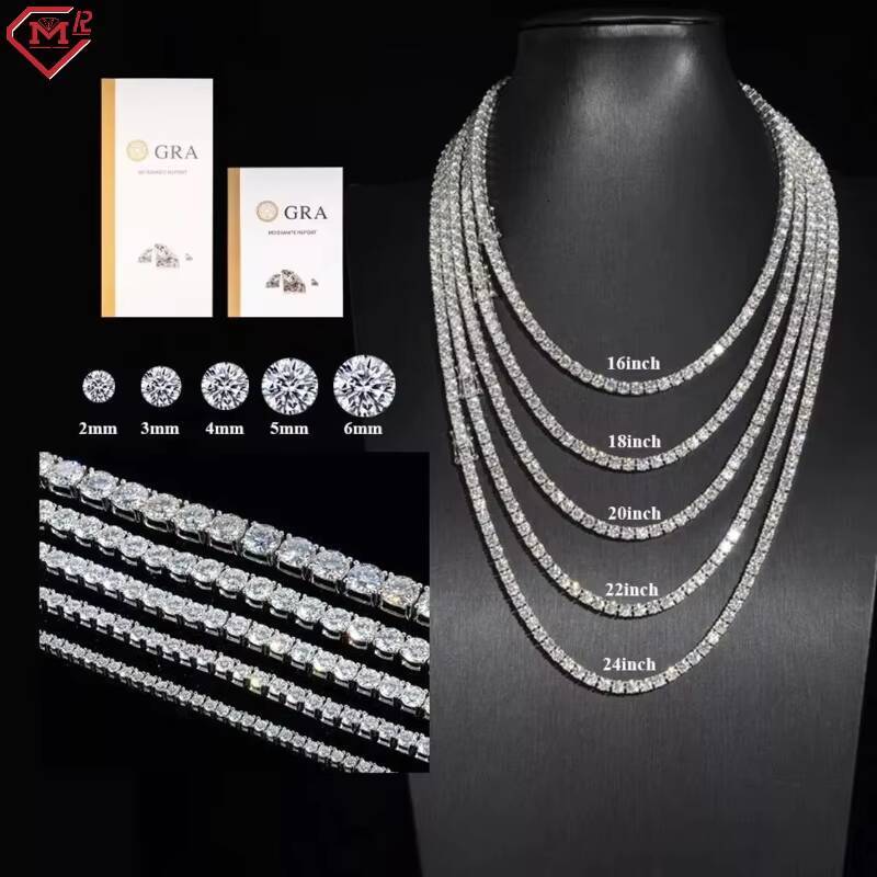 Iced Out 3mm Tennis Chains Necklace VVS Moissanite 925 Silver 10k Gold Moissanite Tennis Chain