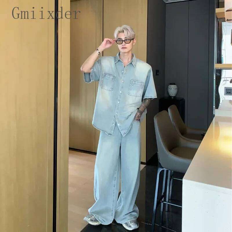 American Niche Old Washed Shoulder Pad Shirt Men's Korean Style Lapel Short-sleeved Denim Suit Straight Pants Single Piece/suit