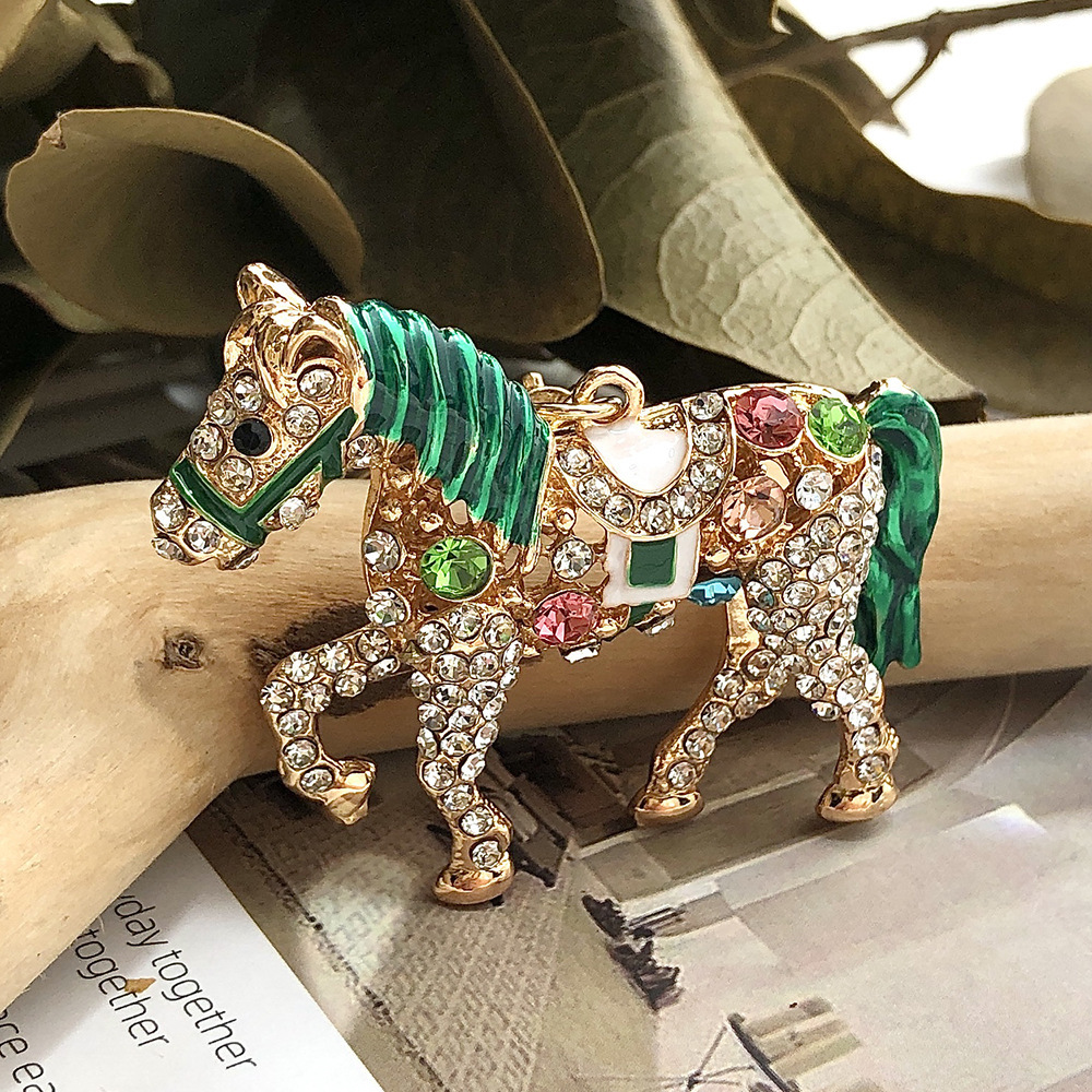 Diamond-in Pony Bag Charms Cute Cartoon Metal Keychain Hanging Women's Bag Accessories Car Cute Pet Decoration