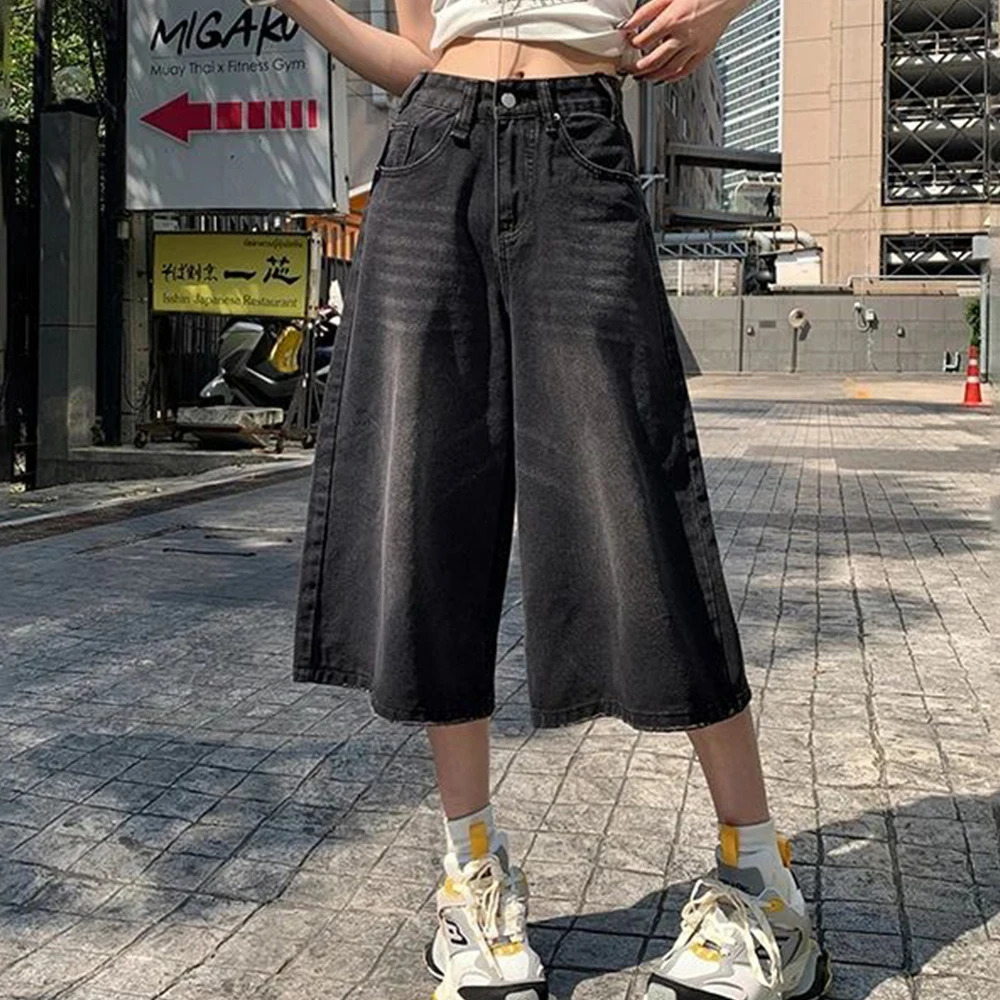 Summer American Style Vintage Women Baggy Jeans Y2k Loose Washed High Waist Knee Length Denim Pants Streetwear Wide Leg Shorts 250714