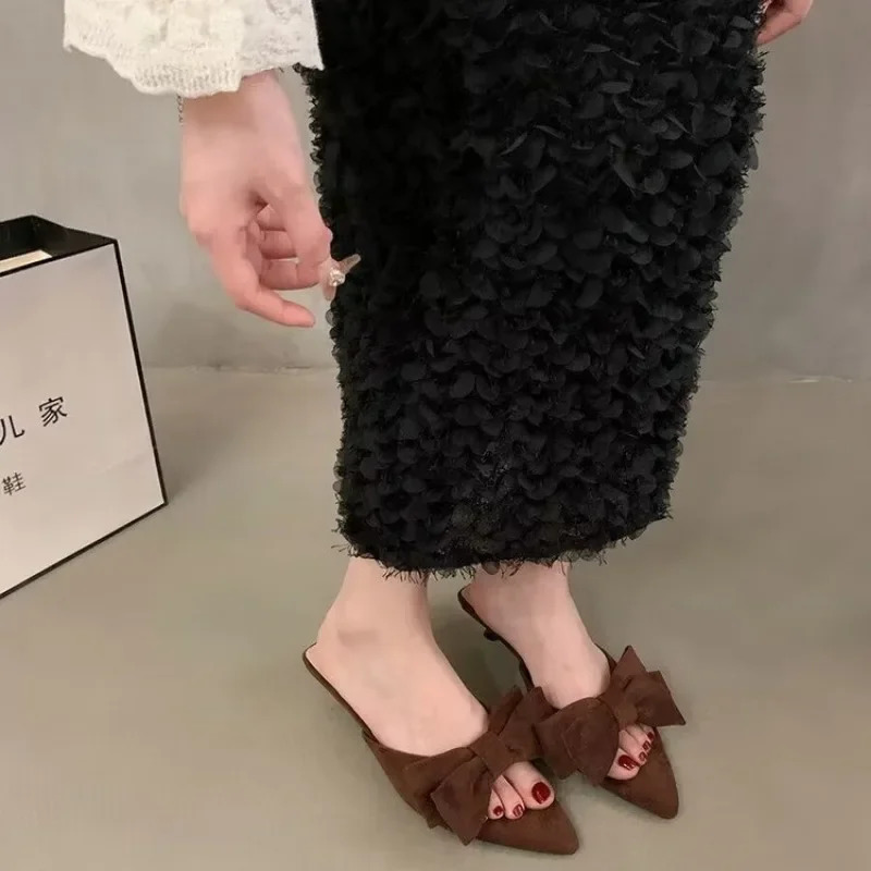 Low-heeled pointed fairy-style sandals apricot womens 2025 summer bow French temperament sandals large size womens shoes 250717