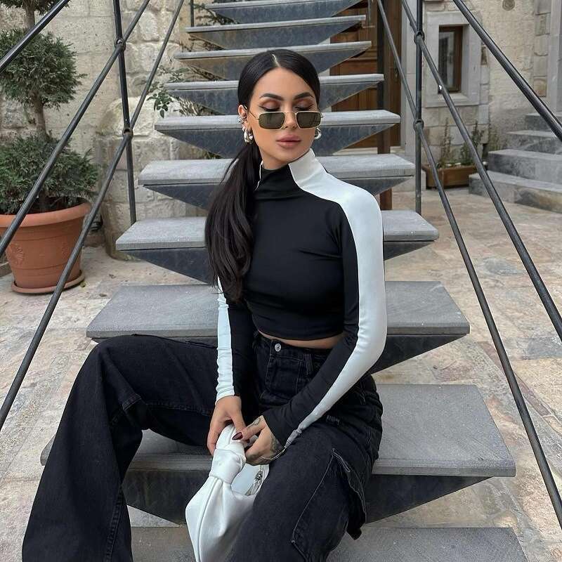 Autumn New Style Color Block Stand Collar Long Sleeve T-Shirt Short Slim Fit Top Ins B5