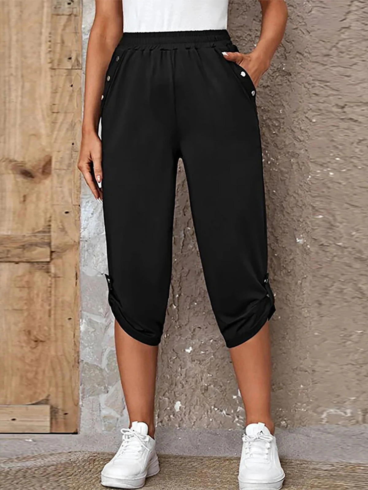 Womens Elastic Waist Crop Sweatpants Loose Fit Casual Summer s with Pockets RollUp Bottoms S3XL 250714
