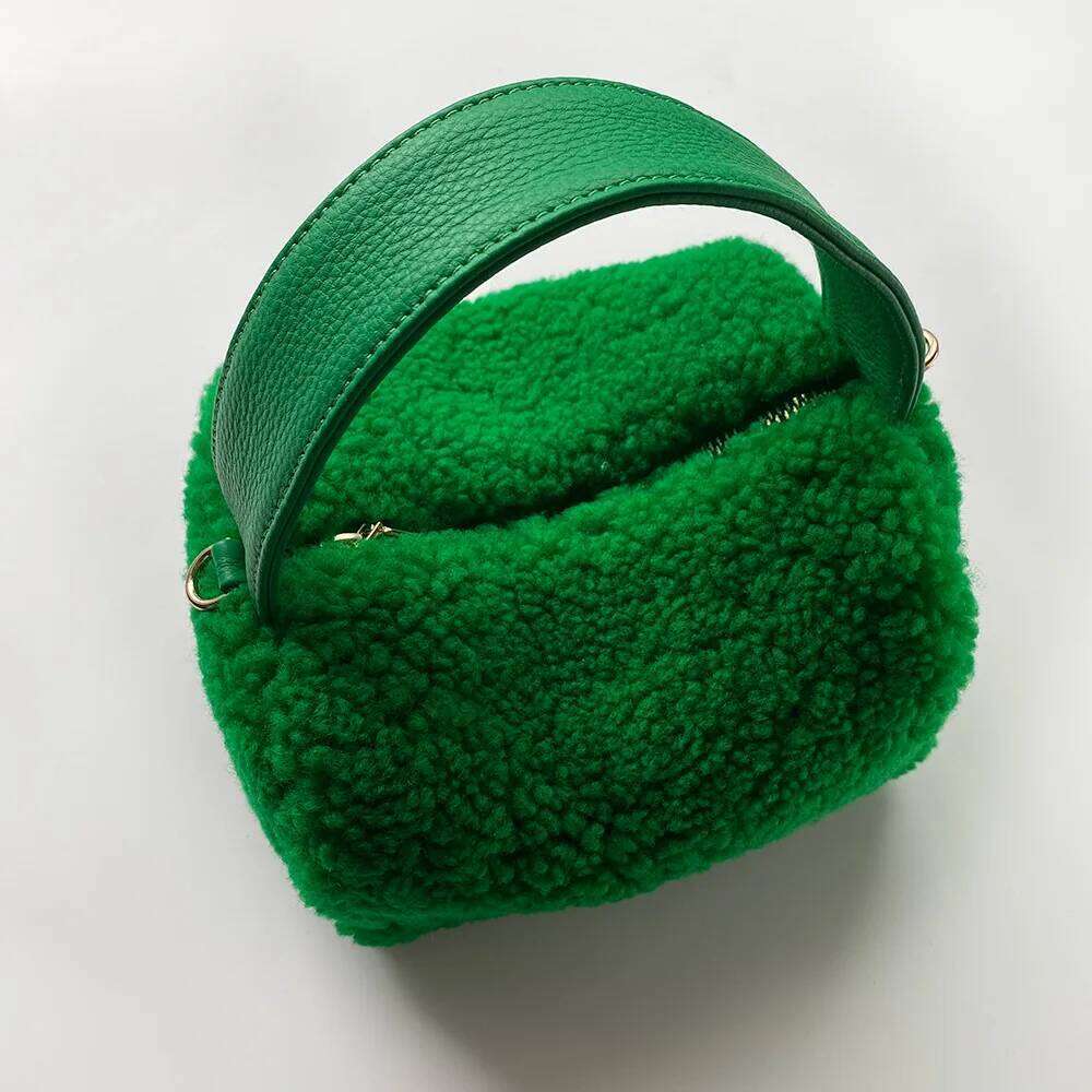 Lamb wool women's green lady's hand Wool Women's lunch box Hong Kong Style soft leather bag