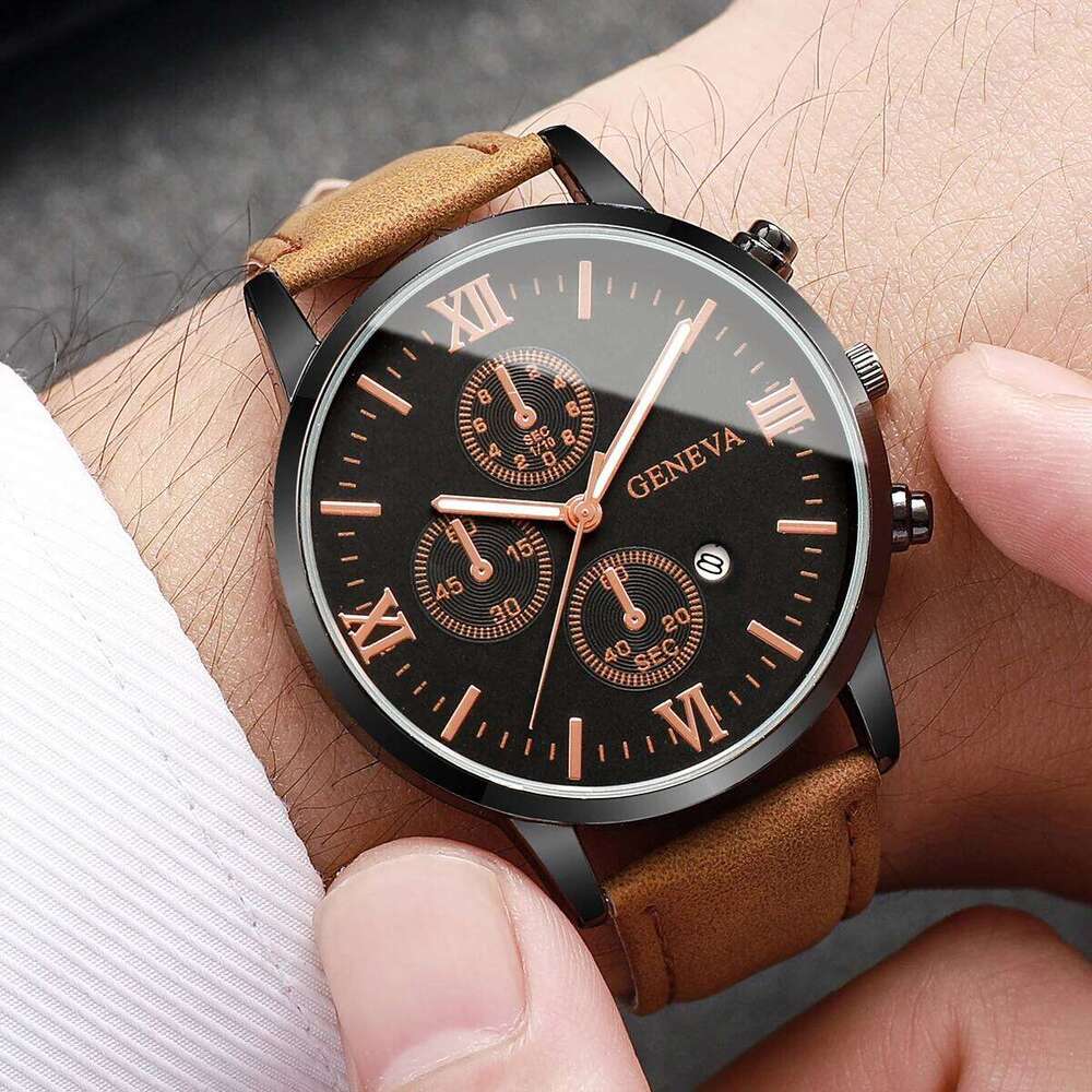 free shipping 1/2PCs Casual Calendar Fashionable Men's Temperament Leather Quartz Unisex Watch Set(Box Not Included) free shipping