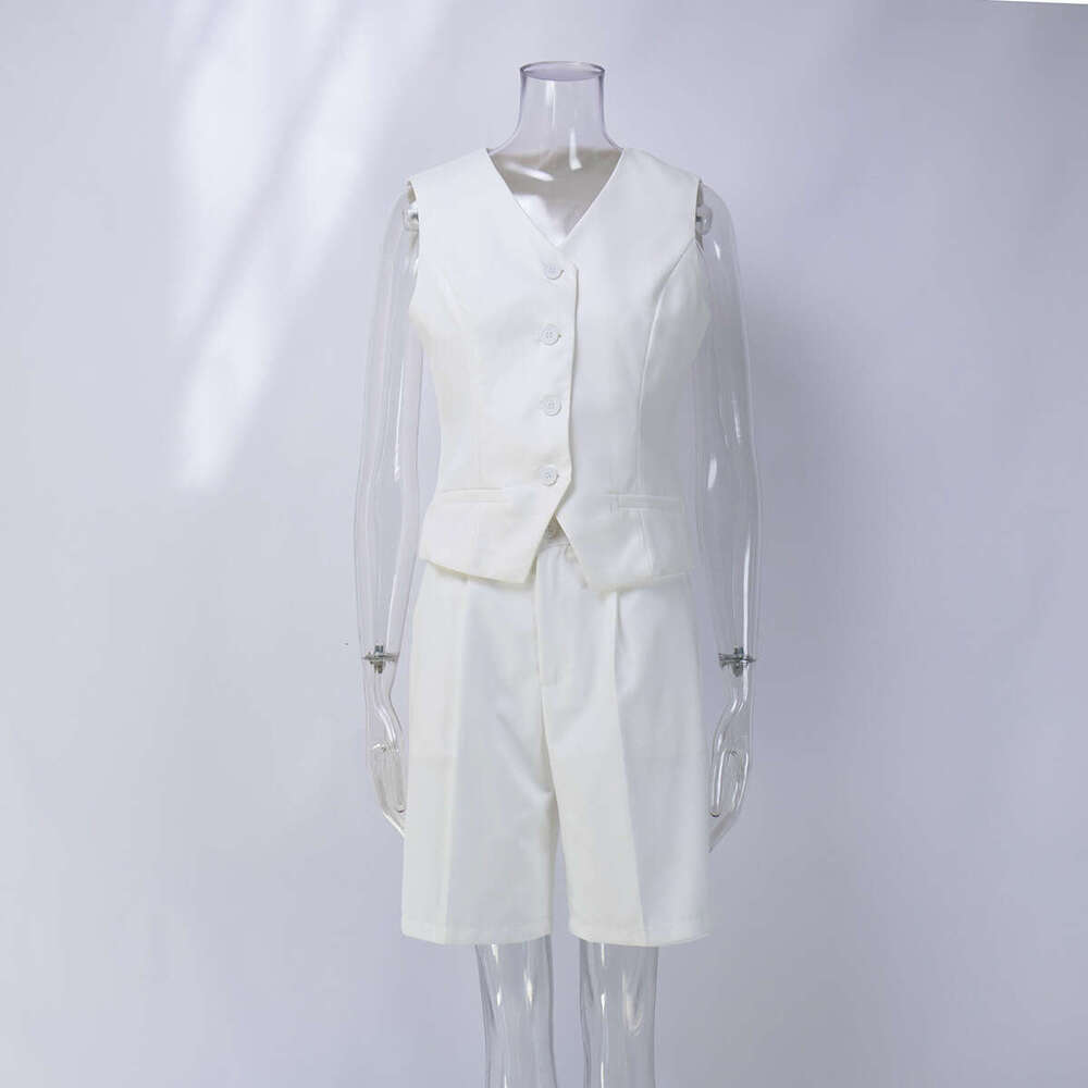 Vest And Spring Summer V-Neck Single-Breasted Waistcoat + Straight-Leg Suit Shorts Set B5