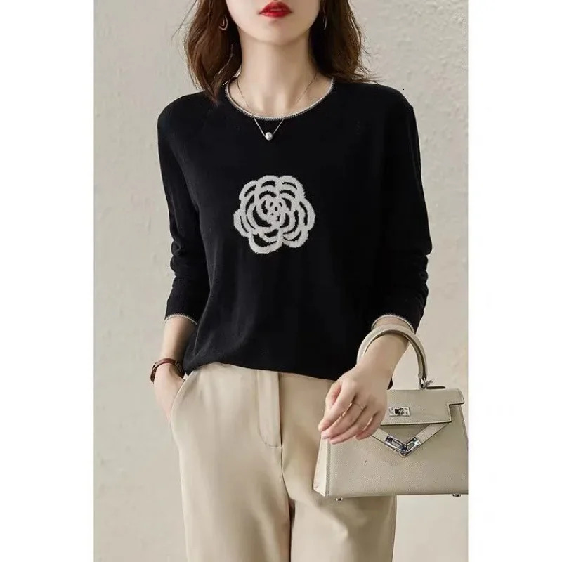 Womens Romantic Knitted Pullover Top Flower Simple Colorful Craft Work Sweater Girlish Casual Loose Fit Blouse 250718