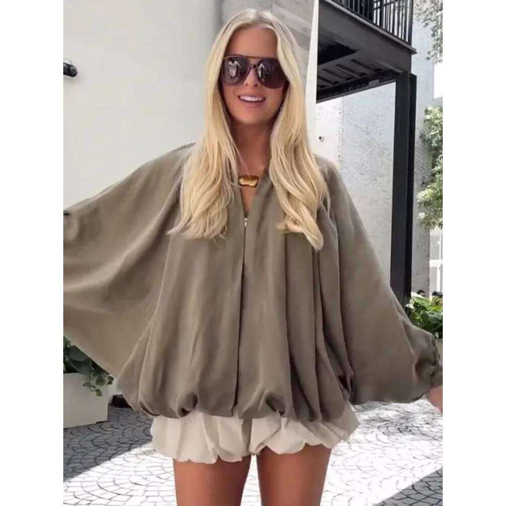 Women Fashion Green Pleated Short Bomber Jacket Casual Loose Lantern Sleeve Zipper Coat Spring New High Street Outwear
