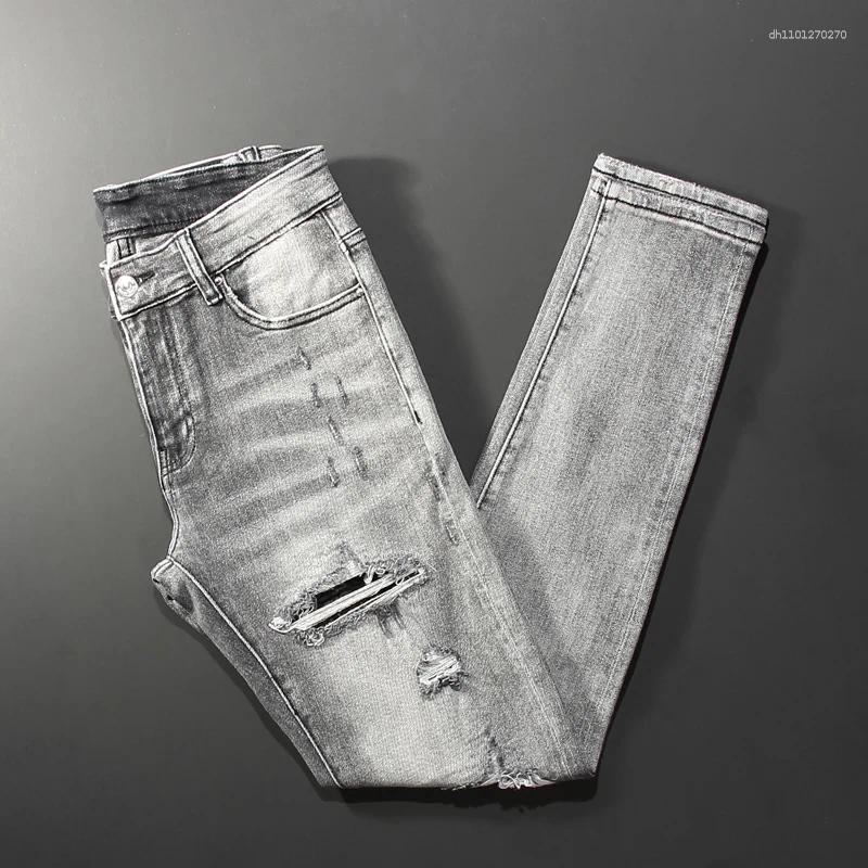 Men's Jeans Street Fashion Retro Grey High Quality Stretch Tight Patched Splicing Designer Hip Hop Brand Pants Hombr