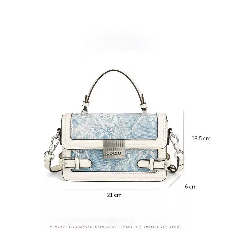 COCIO designer Shoulder Bags denim blue lace embroidered hand-held small square bag lock buckle fashionable leather crossbody shoulder bag