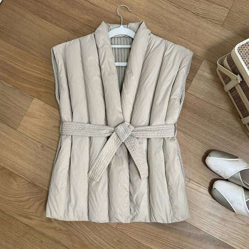Schinteon Women 90% White Duck Down Knitting Wool Vest Autumn Winter Warm Sleeveless Jacket Korean Style Luxurious Top 2024 New MDNG