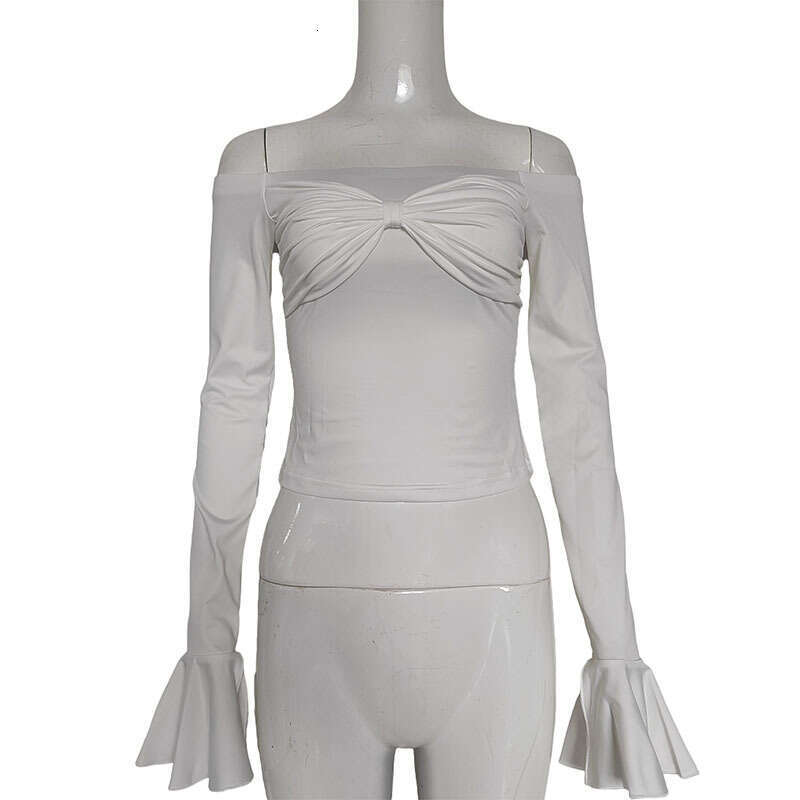 New Women Off-Shoulder Bow Long Ruffled Bell Sleeve Solid Color Simple Style Top B5