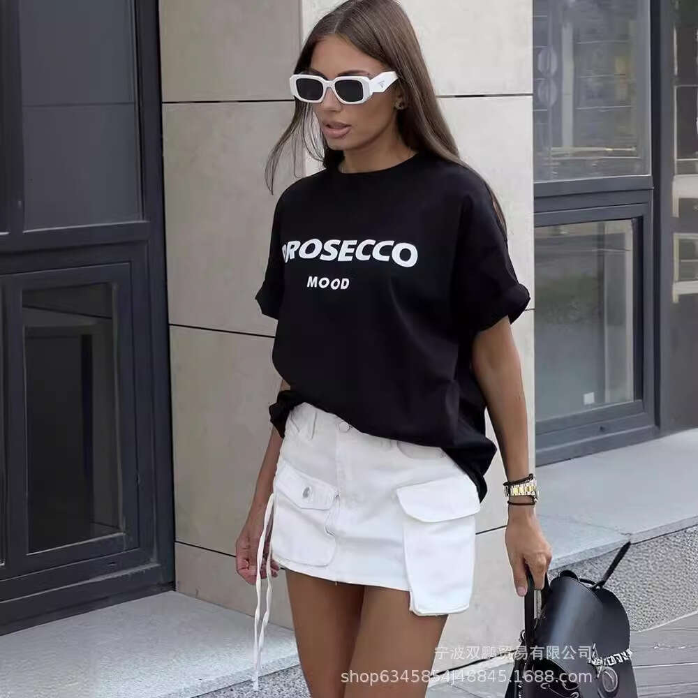 American Letter Print T-Shirt For Women, Pure Cotton, Crew Neck, Loose Short Sleeve Top, INS Style B5