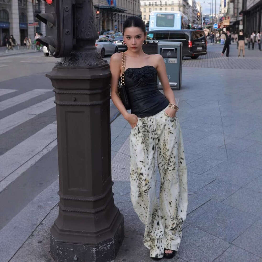 American Style Washed Leopard Print Jeans For Women Street Fashion Wide Leg Floor-Length Loose Casual Pants B5